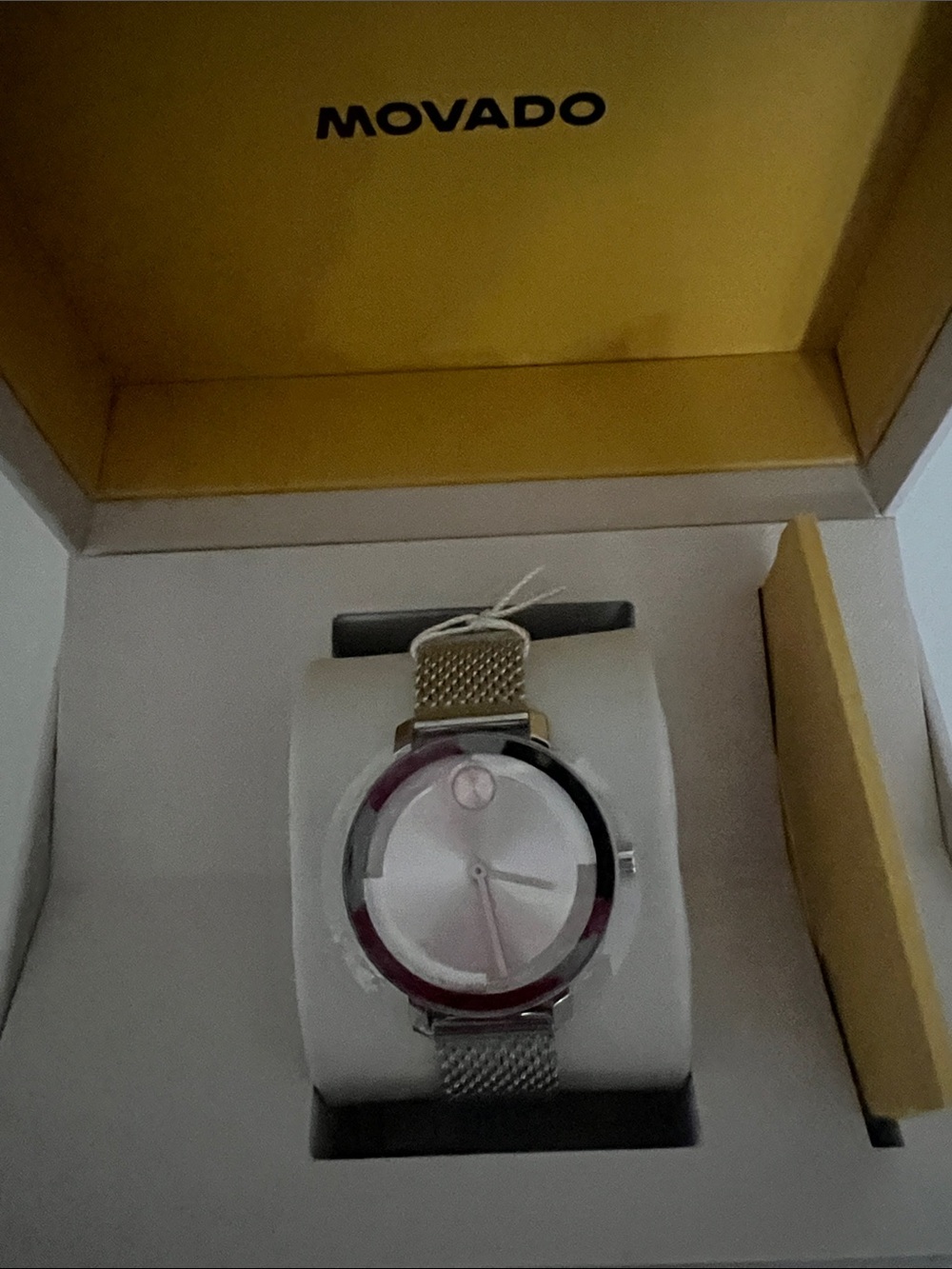 Movado Women's Silver Mesh Watch with White Dial and Pink Accent